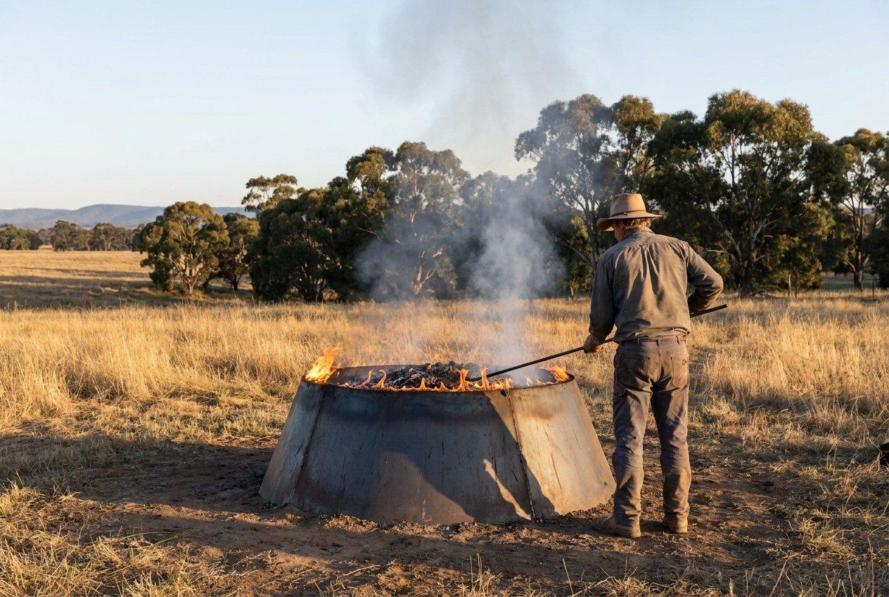 The flame-curtain kiln in operation on a Central Victoria farm