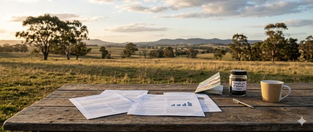 Research papers, brochures, and a biochar sample jar on a working desk in late afternoon light