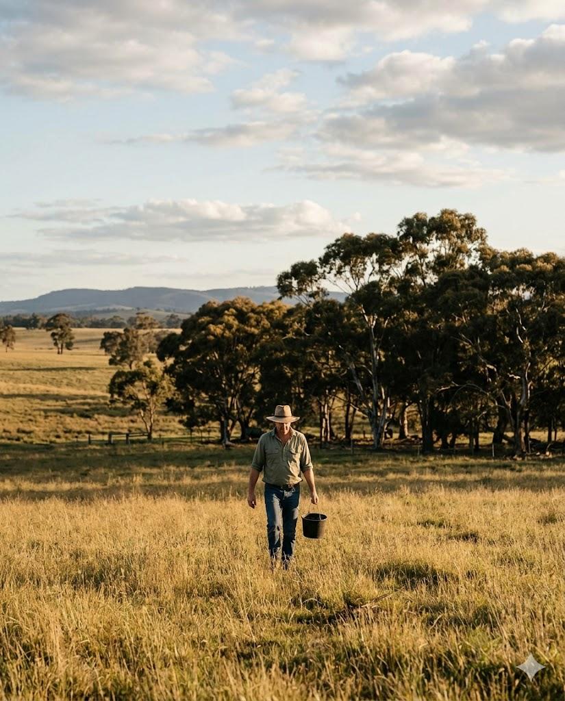 Luca walking a Central Victoria pasture, carrying a small bucket of biochar