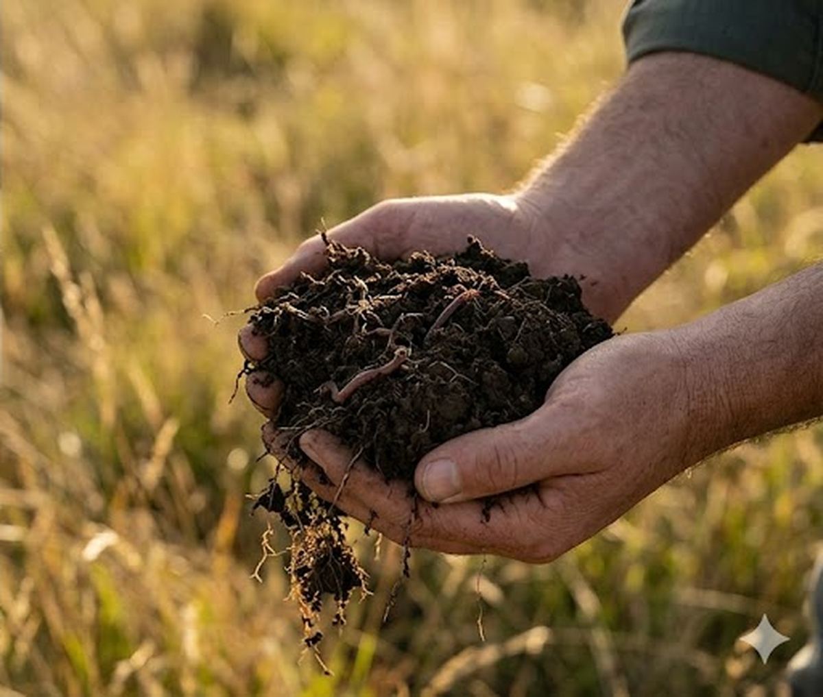 Hands-in-soil close-up showing dark earth with root mass