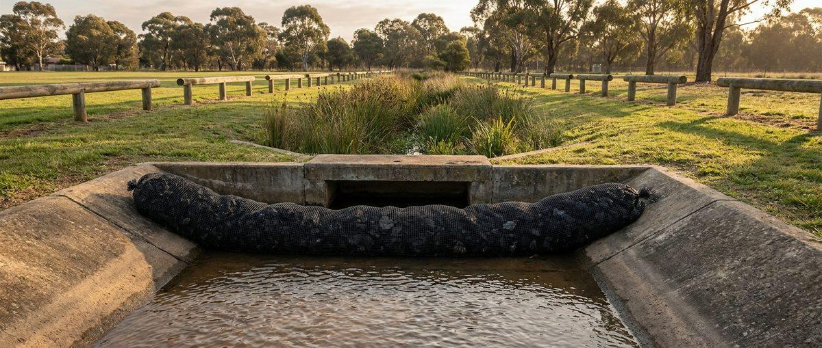 Stormwater inlet with biochar filter media — illustrative